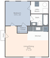 One bedroom, one bathroom two dimensional floor plan.